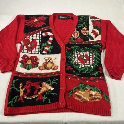 Cárdigan Suéter Vintage Feo Navidad Grande Pesado Oso Bastón de Caramelo Corona Foto 1 de 4