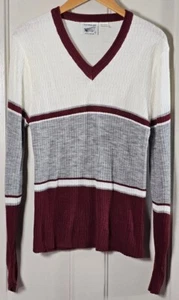 VTG Sweater Justin Blake Sportswear Men Size M Ivory Burgundy Striped V-neck - Picture 1 of 23