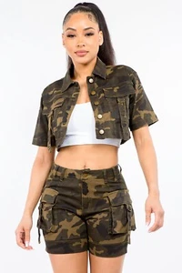 American Bazi Full Size Camouflage Short Sleeve Cropped Jacket - Picture 1 of 11