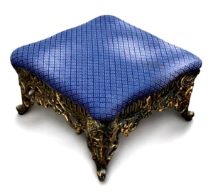 ⭕️ ANTIQUE CAST BRASS FOOTSTOOL BLUE UPHOLSTERY ORNATE REALLY HEAVY - 23LB - Picture 1 of 16