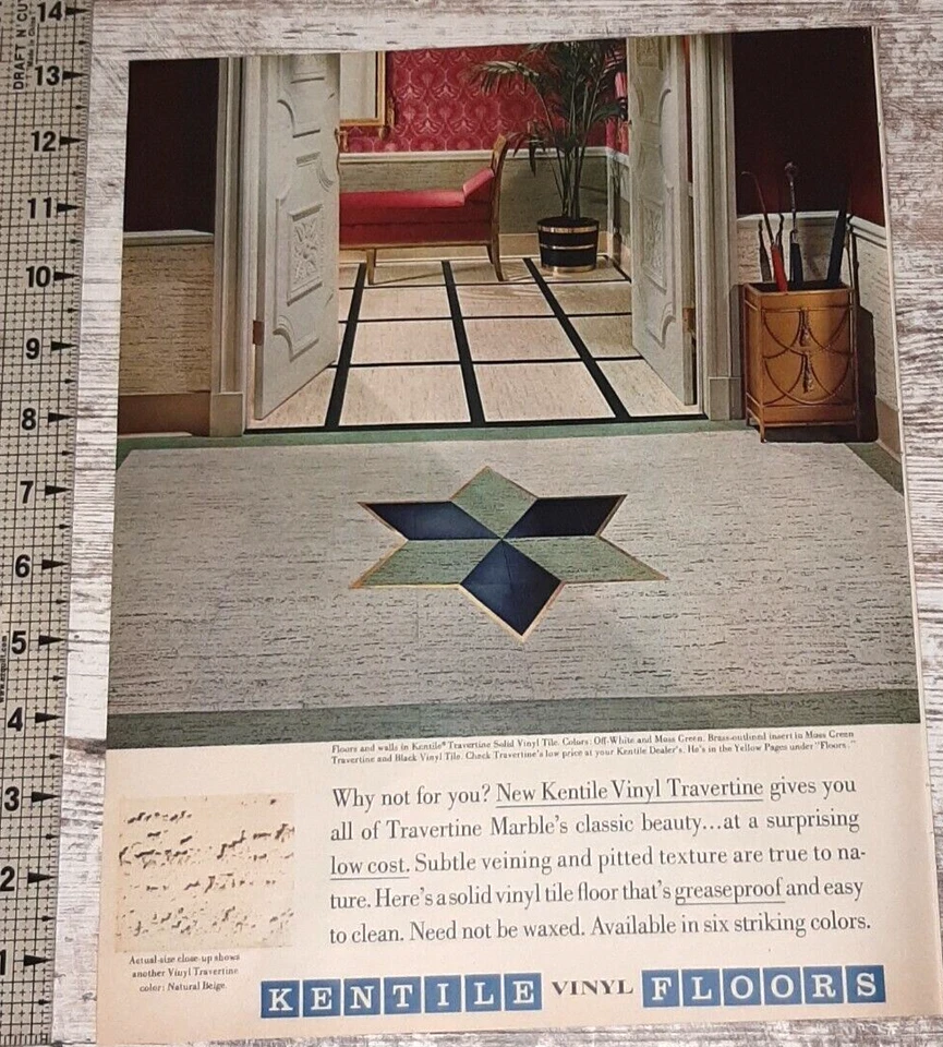 1963 Kentile Vinyl Flooring Vintage Print Ad Travertine Texture Colors Wax Free - Image 1 of 1