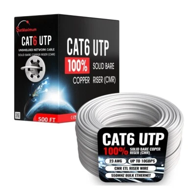 500FT White CAT6 ETL CMR Ethernet Cable 23AWG UTP 550Mhz Solid Bare Copper Wire - Image 1 of 4