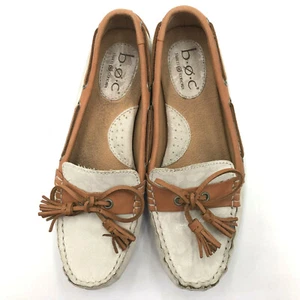 Born BOC White Brown Leather Bow Pinch Moc Driving Loafer Flats Womens 7 - Picture 1 of 9