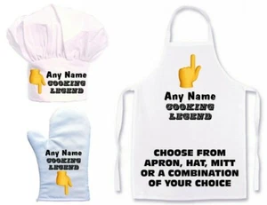 PERSONALISED COOKING LEGEND APRON,CHEFS HAT, OVEN MITT SINGLE OR CREATE SET GIFT - Picture 1 of 7