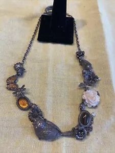 Vintage Signed Mary Demarco Oxidized Birds Leaf Foliage Flowers Necklace 34” - Picture 1 of 12
