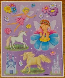 VINTAGE UNIQUE BEAUTIFUL FLOWER FAIRIES~UNICORNS~CASTLES~FLOWERS STICKER SHEET - Picture 1 of 1