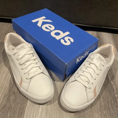 Keds Pursuit Lace Up Women's Trainers White Leather Pink Blush Size 9 Wide - Image 1 of 4