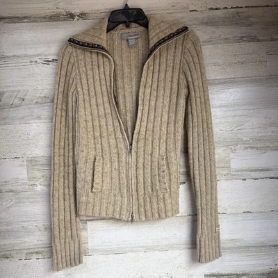 Jaqueta Hollister Y2K feminina grande bronzeada zíper completo gola alta malha lã acrílica - Imagem 1 de 4