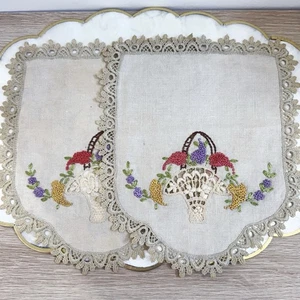 Vintage Handmade Lace Trim Embroidered Floral Basket Doilies Pair - Picture 1 of 12