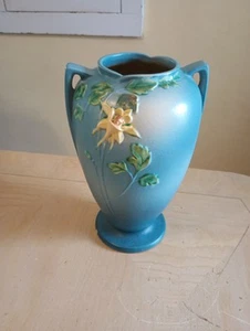 Roseville Columbine Blue 1941 MCM Art Pottery Ceramic Vase 23-10 Yellow Green - Picture 1 of 23