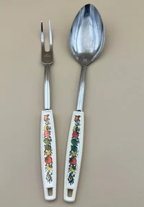 Vintage EKCO USA  Serving Spoon & Fork Set With Fruit & Vegetable Design Handles - Picture 1 of 7