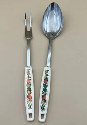 Vintage EKCO USA  Serving Spoon & Fork Set With Fruit & Vegetable Design Handles - Image 1 of 4