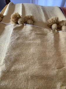 Moroccan POM POM Blanket Bed Cover 102” x 57” Wall TAPESTRY Yellow Marigold - Picture 1 of 9