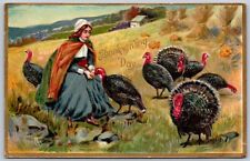 Postcard Thanksgiving Woman Sitting In Field With Turkeys Embossed Tucks HT02