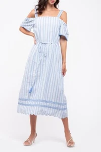 MOON RIVER Blue White Striped Cold Shoulder Belt Tie Waist Cotton Dress L 10/12 - Picture 1 of 4