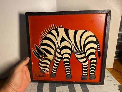 Pintura vintage de cebra africana de los años 70 pintura acrílica sobre panel firmada Foto 1 de 4