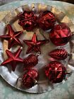 10 Vintage Christmas Ornaments Red 2.5" Stars, Pinecone?S And Round Very Light