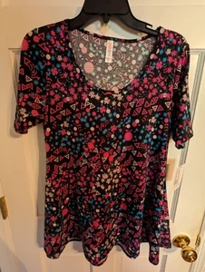 LuLaRoe Perfect T Ladies Blouse sz XS Black Magenta & Teal Floral Geometric NWT - Picture 1 of 4