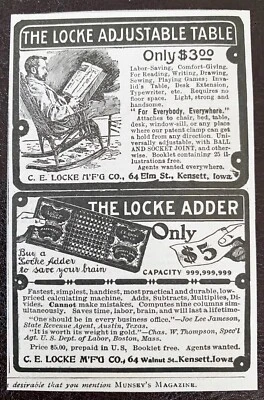 Máquina de cálculo LOCKE TABLE&ADDER Kensett, Iowa Mfg Co. Antiguo anuncio impreso de 1903 Foto 1 de 3