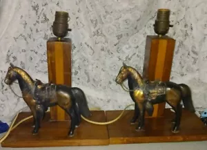 2 Vintage Metal Horse Figurine Bedside / Table Lamp Rustic Cedar Wood Base - Picture 1 of 14