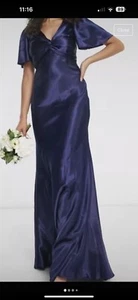 navy satin bias maxi dress long tall flutter flare sleeve silk prom wedding - Picture 1 of 4