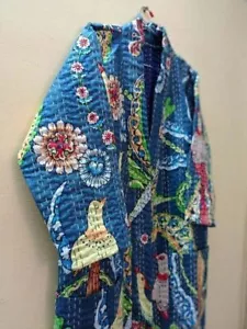 Indian Cotton Kantha Quilt Bird Print Long Kimono Bath Robe Nightwear Gown Dress - Picture 1 of 5