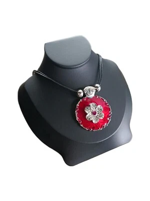 Halskette Modekette Bänderkette roter  Blumen  Strass Anhänger  Modeschmuck - Bild 1 von 2