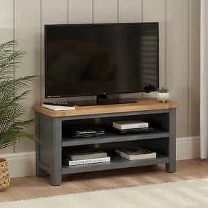 Marbury Slate Grey Painted Small TV Unit Stand – Up to 50” TV Size - Oak Top - Picture 1 of 11