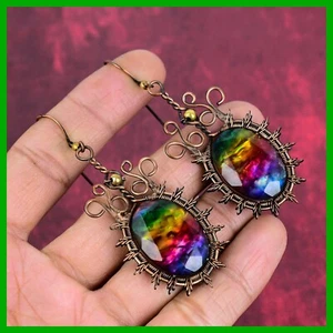 Orecchini Boho Etnici Rame Naturale Ammolite Anniversario Regalo Goccia Filo Avvolti - Foto 1 di 6