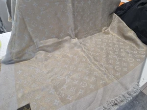 LOUIS VUITTON Metallic LV Logo Silk/Wool Blend Large Fringe Scarf *AUTHENTIC* - Picture 1 of 12