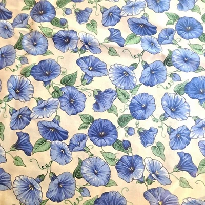 Blue Morning Glory Floral  White Cotton Fabric 36" X 45"  Joan Messmore Cranston - Image 1 of 4