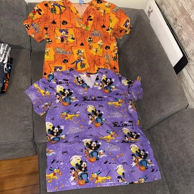 2- Women’s Disney Mickey Mouse Halloween V Neck Scrub Top Size Medium - Image 1 of 4