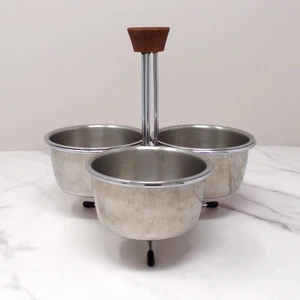 Vintage 3-Bowl Stainless Steel Relish or Condiment Caddy with Wood Handle - Picture 1 of 8