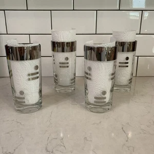 Vtg Dorothy Thorpe Set Of 4 Silver Rim Stripe PolkaDot MCM Barware Glass Tumbler - Picture 1 of 8