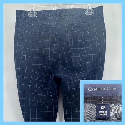 Pantalones al tobillo ajustados Charter Club para mujer Bristol azul marino blanco estampado de cuadrícula talla 10P Foto 1 de 4