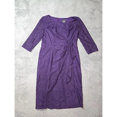 Vestido Adrianna Papell Púrpura Encaje Detalle Floral Manga 3/4 Cóctel Fiesta Pequeño? Foto 1 de 4