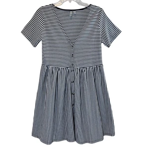 ASOS Black White Striped V Neck Button Front Babydoll Mini Dress Womens - Picture 1 of 6