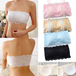 Women Franch Floral Lace Boob Stretch Bandeau Tube Bra Cami Top Strapless Padded