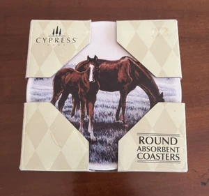 CYPRESS HOME CERAMIC 4" ROUND ABSORBENT COASTERS "MARE & FOAL" SET OF (4) NIB - Picture 1 of 5