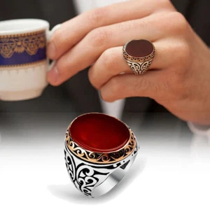 Solid 925 Sterling Silver Turkish Jewelry Red Agate Men's Ring All Size - Picture 1 of 2