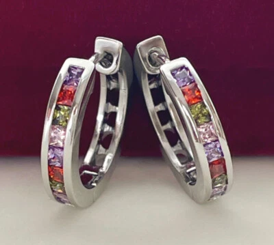 Luxus Ohrringe Creolen Zirkona Kristalle Bunt 750 Weißgold 18K vergoldet Damen - Bild 1 von 4