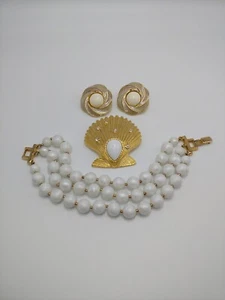 Trifari Crown Bracelet Trifari Shell Brooch Clip On Earrings Vintage Jewelry Lot - Picture 1 of 11