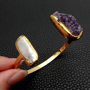20x28mm Purple Amethyst Druzy White Biwa Pearl gold plated Bangle Bracelet - Picture 1 of 6