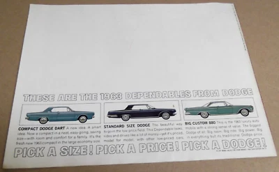 1963 年道奇飞镖定制 880 规格原版经销商广告广告 63 艺术品 — 第 1/2 张图片