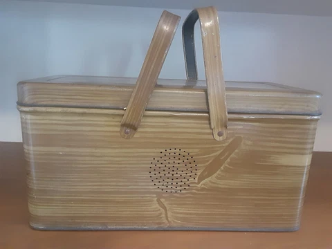 Vintage 1950s National Can Co. Tin Litho Picnic Basket, Brown Wood Grain Faux Cover