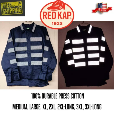 Camisa de Trabajo Red Kap Reflectante Alta Visibilidad Manga Larga Azul Marino Oscuro 100% Algodón NUEVA Foto 1 de 4