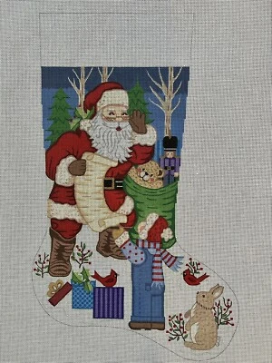 ALEXA Handpainted Needlepoint Canvas Stocking Santa With Toy Bag & Child 22” - Image 1 of 4
