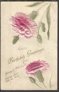 BIRTHDAY GREETINGS ~ Embossed Pink Carnations ~ 1907 Undivided Back - Picture 1 of 2