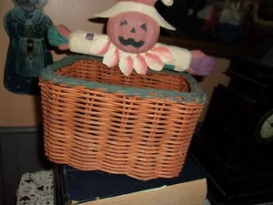 pumpkin basket-wood and wicker, exc. cond. can rest flat against wall. - Picture 1 of 4