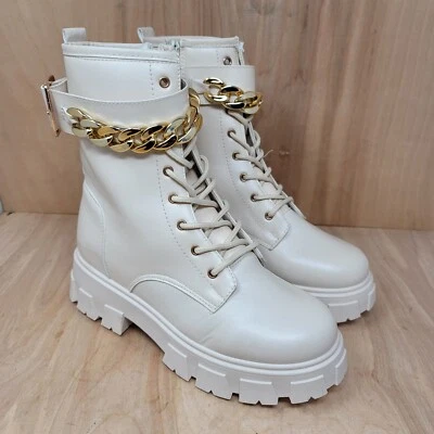 Olivia Miller Womens Boots Sz 8 M Chunky soles Combat gold chain faux leather - Image 1 of 4